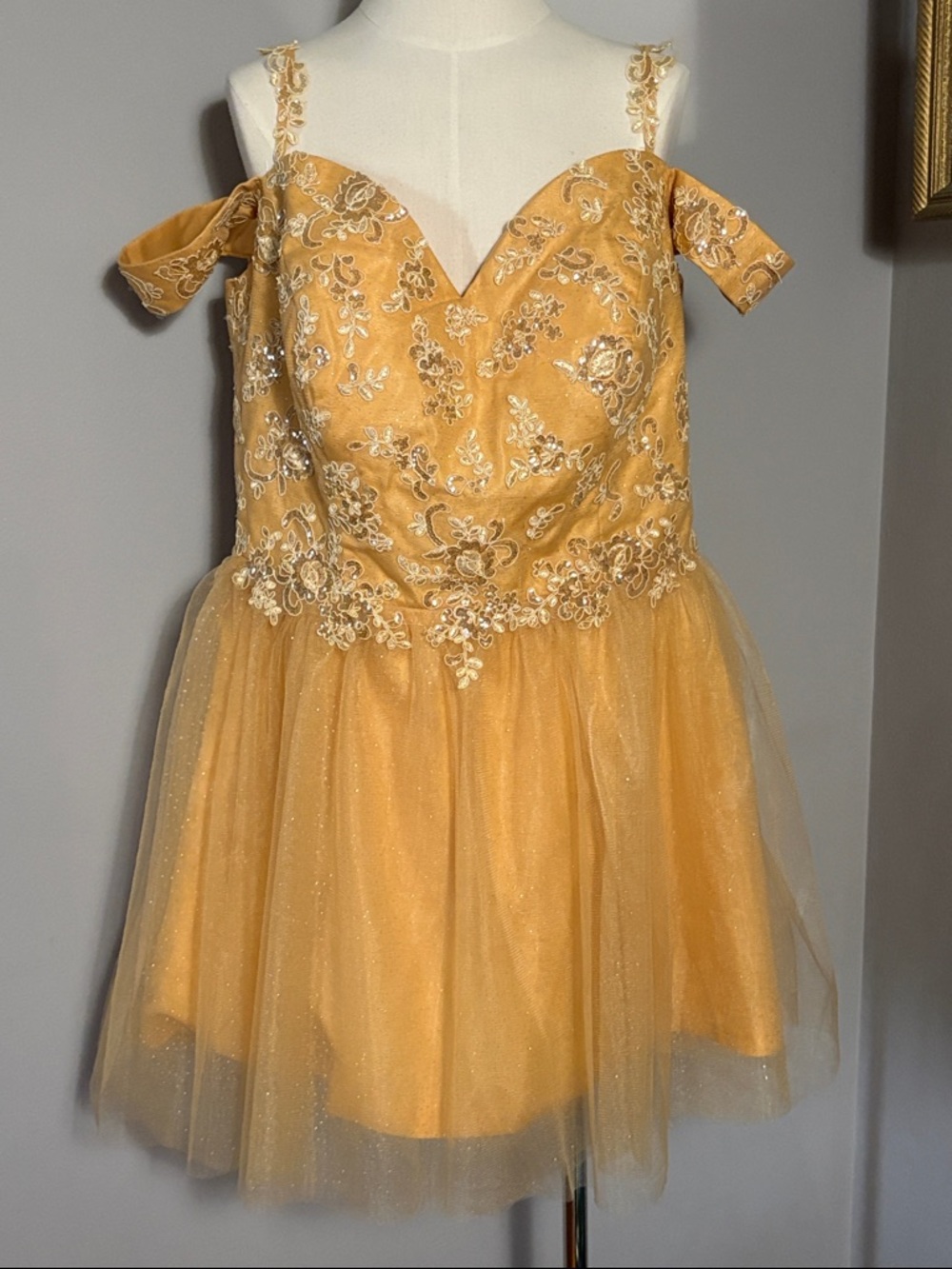 Gorgeous Size 18W Golden Off Shoulder Embroidered Tulle Dress